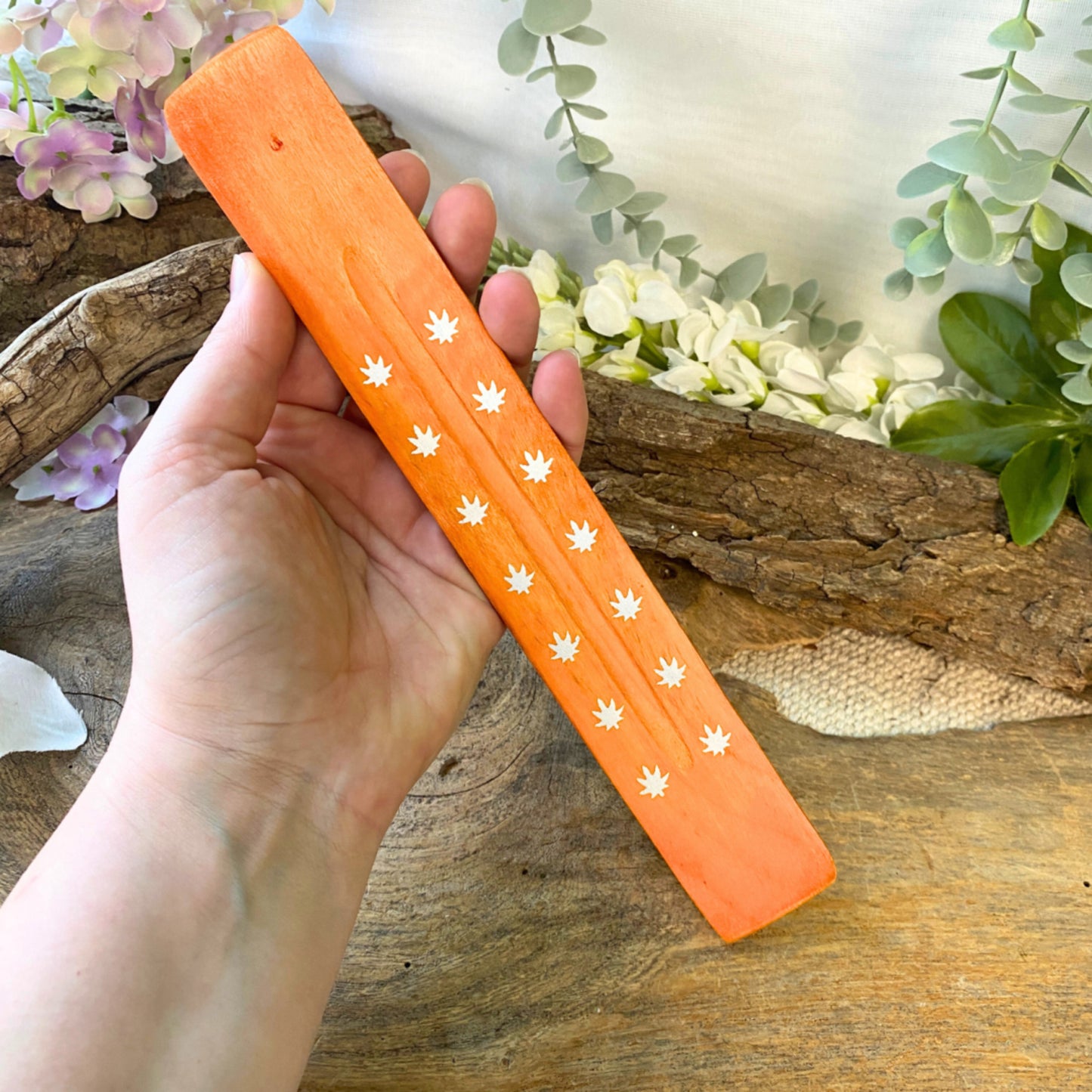 Image for plankje-hout-blaadjes-oranje-wierook-houder_1.jpg